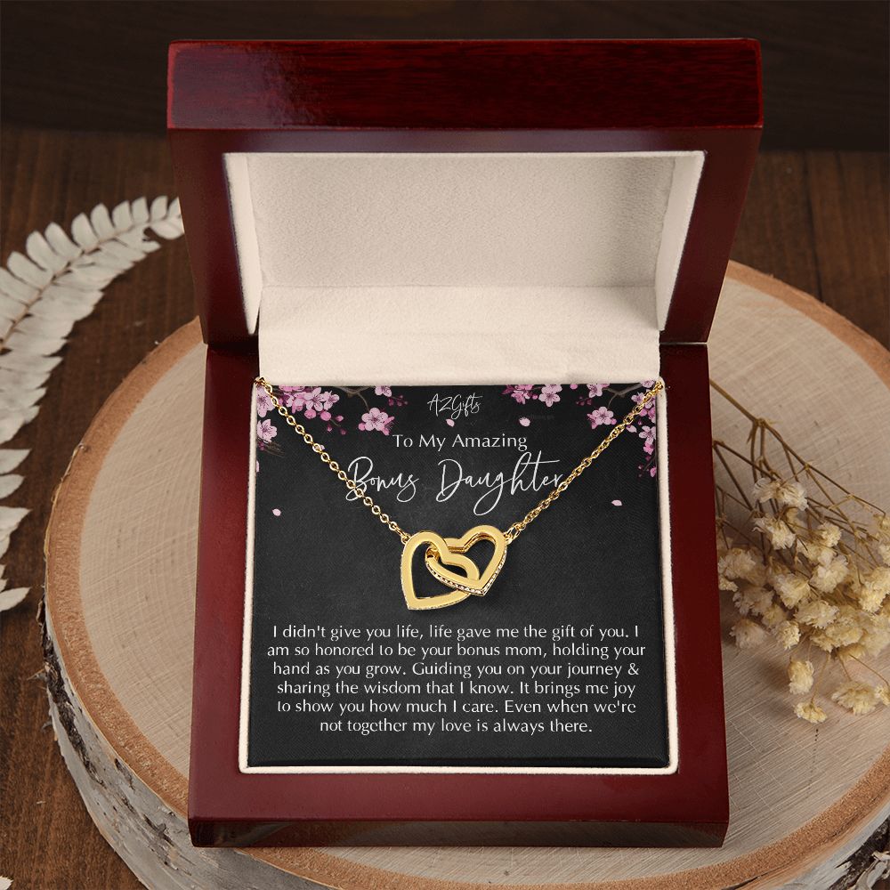 Bonus Daughter Gifts From Stepdad, Step Daughter Gifts From Stepmom, Stepdaughter Gifts From Stepdad, Father Stepdaughter Necklace, To My Bonus Daughter Necklaces, Christmas Gifts For Bonus D Interlocking Hearts Necklace