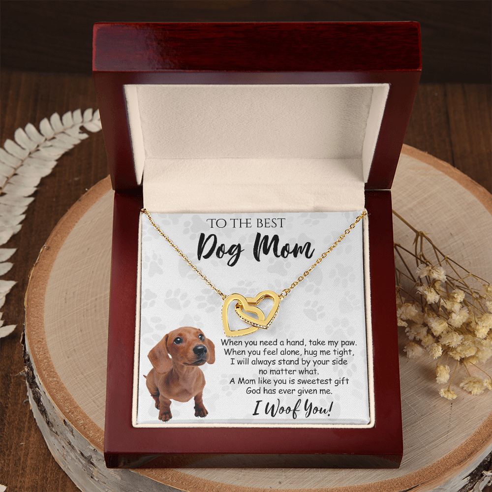 To The Best Dachshund Dog Mom Knot Necklace Mother's Day Gift , I Woof You Quote Gift Card, Message Card Jewelry For Dog Lovers, Necklace For Mom Interlocking Hearts Necklace