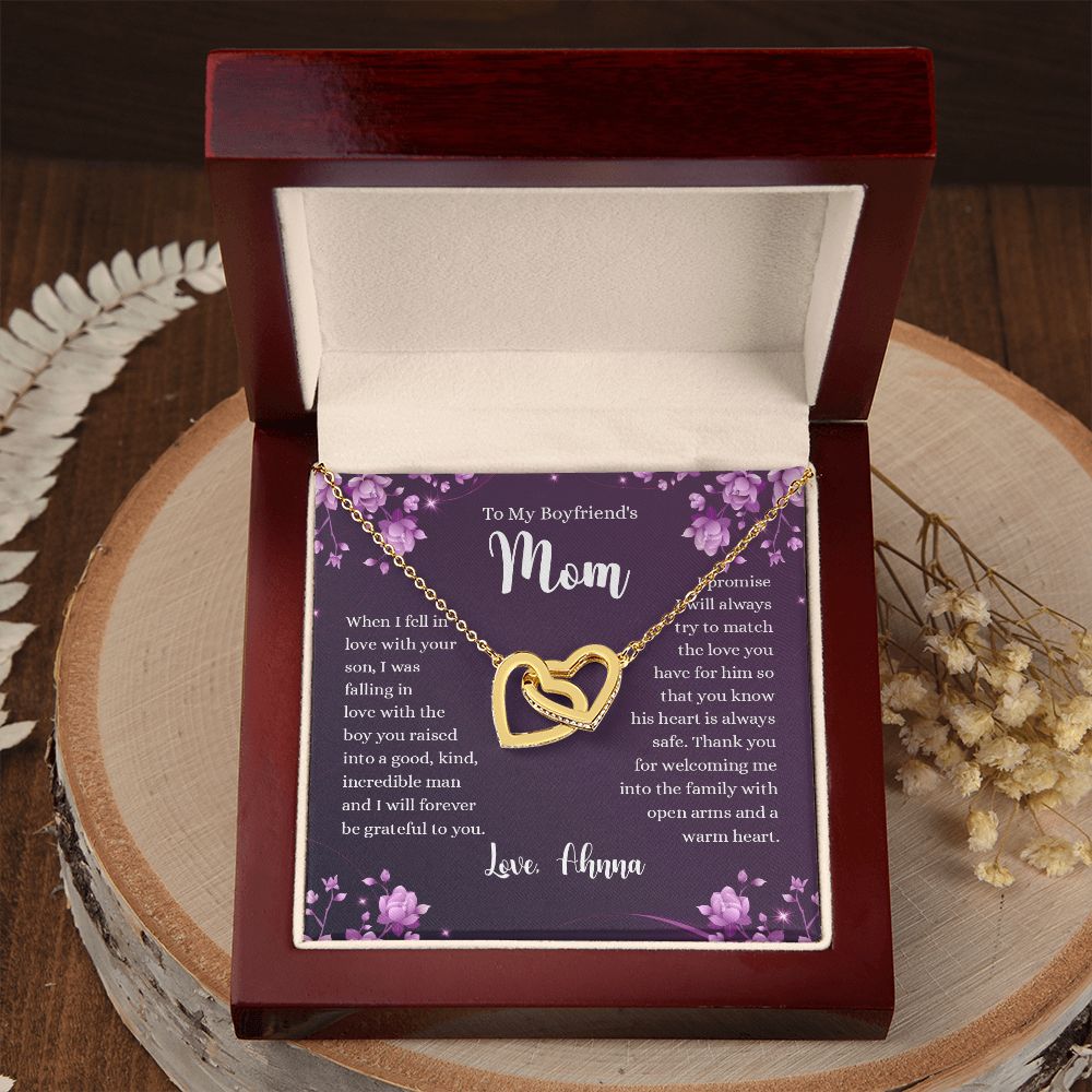 To My Boyfriends Mom Necklace with Message Card Jewelry Custom Card Necklace for Boyfriends Moms Birthday Gift For Boyfriend’s Mom, Mother’s Day Gift Jewelry for Boyfriends Mom Interlocking Hearts Necklace