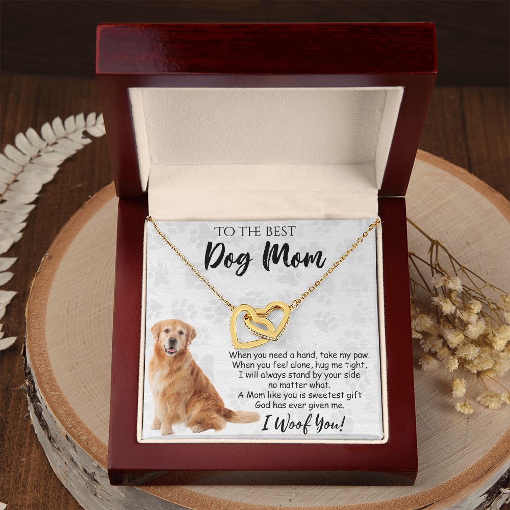 To The Best Golden Retriever Dog Mom Knot Necklace Mother's Day Gift , I Woof You Quote Gift Card, Message Card Jewelry For Dog Lovers, Necklace For Mom Interlocking Hearts Necklace