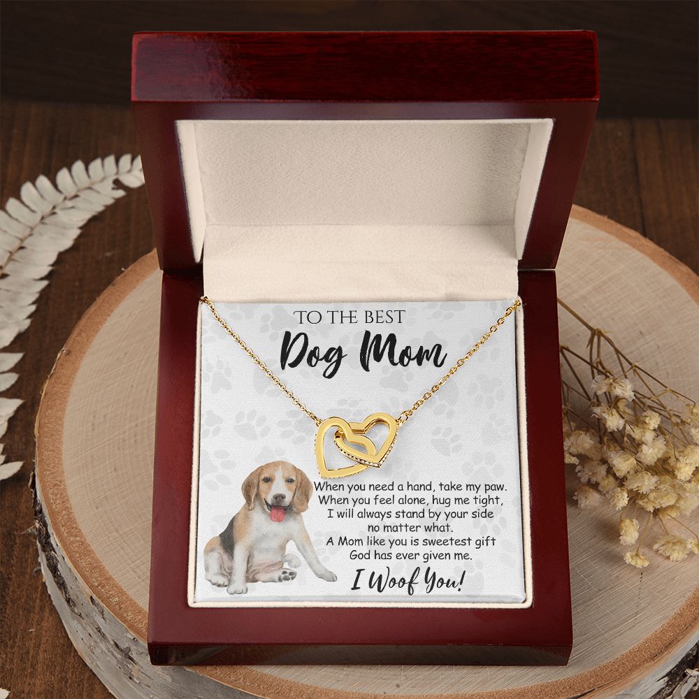 To The Best Beagle Dog Mom Knot Necklace Mother's Day Gift , I Woof You Quote Gift Card, Message Card Jewelry For Dog Lovers, Necklace For Mom Interlocking Hearts Necklace