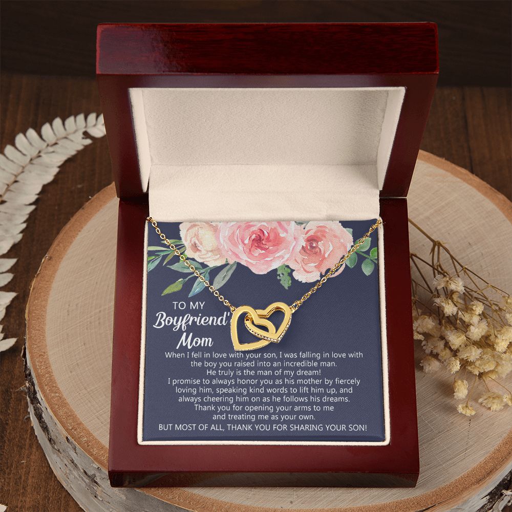 Personalized Gift for Boyfriends Mom, Boyfriends Mom Gift, Message Card Jewelry, To My Boyfriend's Mom Necklace with Message Card, Birthday Mother's Day Necklace for Boyfriend Mother Interlocking Hearts Necklace