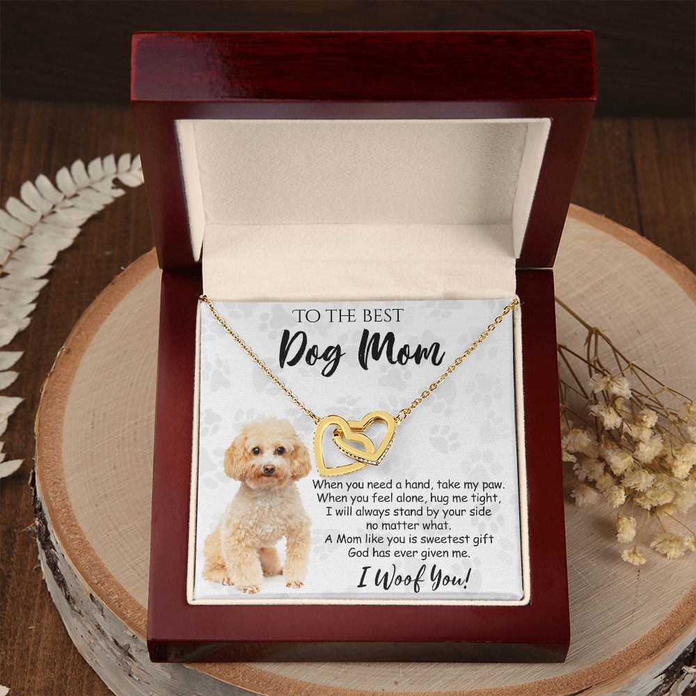 To The Best Poodle Dog Mom Knot Necklace Mother's Day Gift , I Woof You Quote Gift Card, Message Card Jewelry For Dog Lovers, Necklace For Mom Interlocking Hearts Necklace
