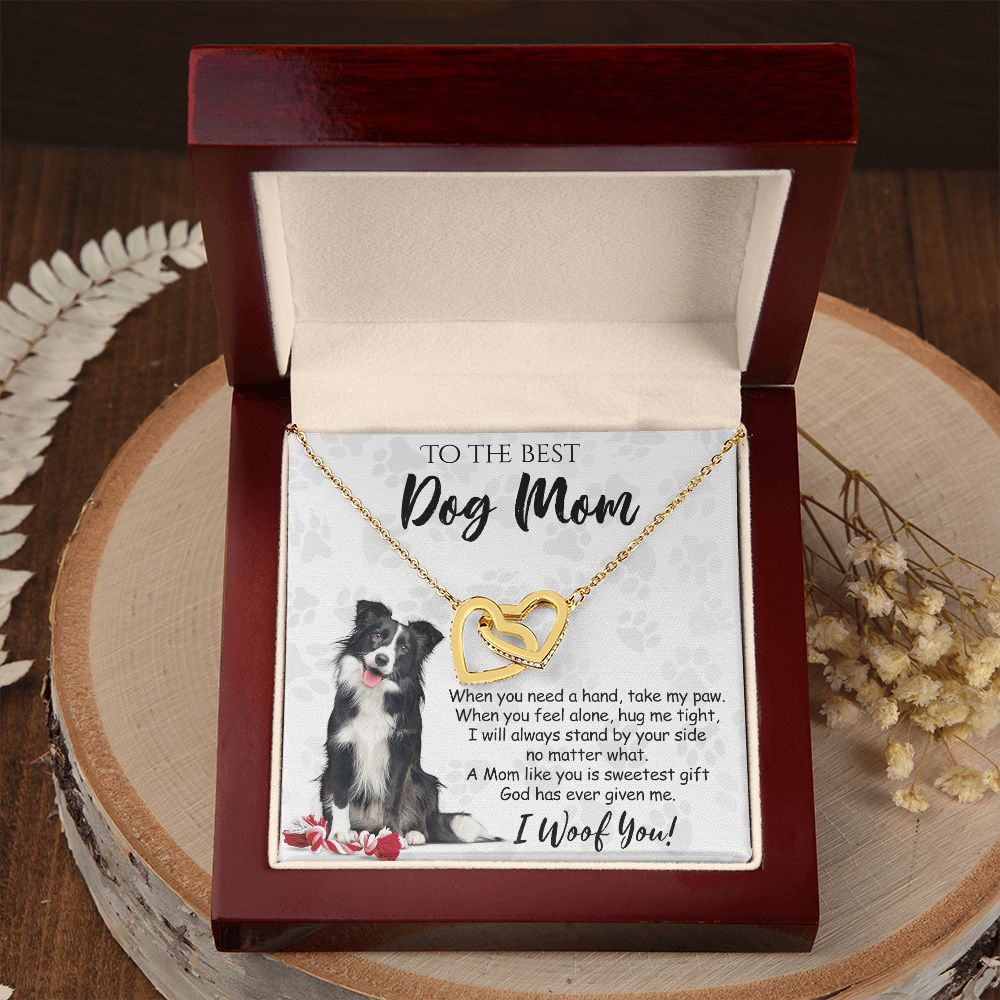 To The Best Border Collie Dog Mom Knot Necklace Mother's Day Gift , I Woof You Quote Gift Card, Message Card Jewelry For Dog Lovers, Necklace For Mom Interlocking Hearts Necklace