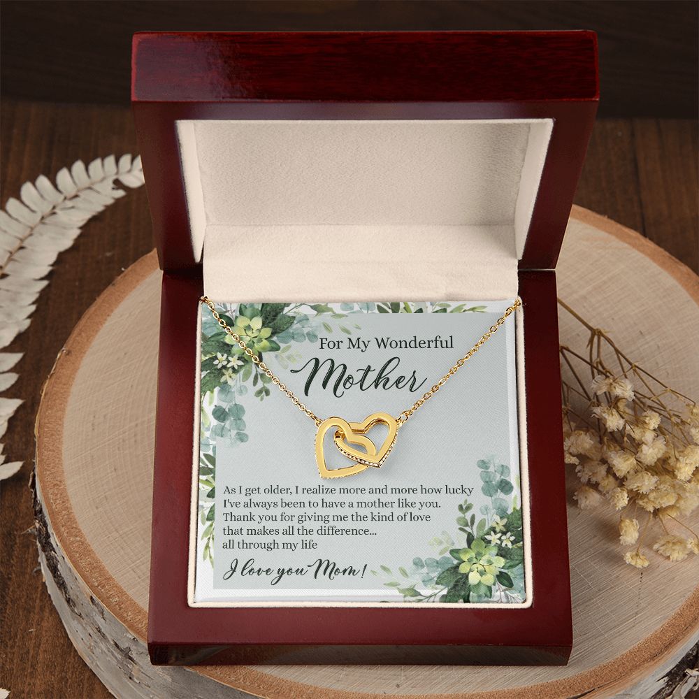 To My Wonderful Mother Necklace Message Card, Gift Box for Mom Birthday Gift From Daughter Mothers Day Necklace for Mom Gift From Daughter Mom Gifts For Mom Thank You Gift For Mom Interlocking Hearts Necklace