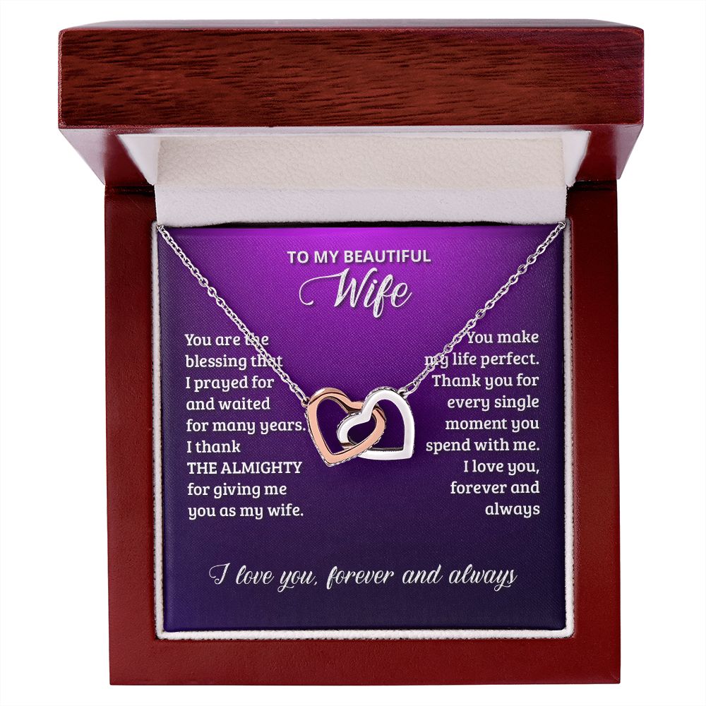Gifts For Wife Romantic, Wife Birthday Gift Ideas, To My Beautiful Wife Necklace, Interlocking Hearts Necklace For Wife From Husband, Message Card and Gift Box