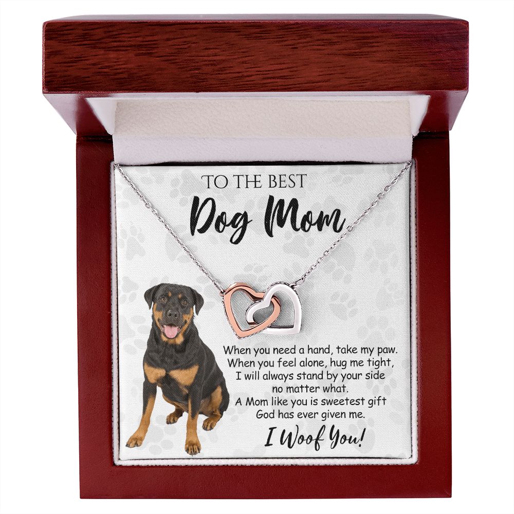 To The Best Rottweiler Dog Mom Knot Necklace Mother's Day Gift , I Woof You Quote Gift Card, Message Card Jewelry For Dog Lovers, Necklace For Mom Interlocking Hearts Necklace
