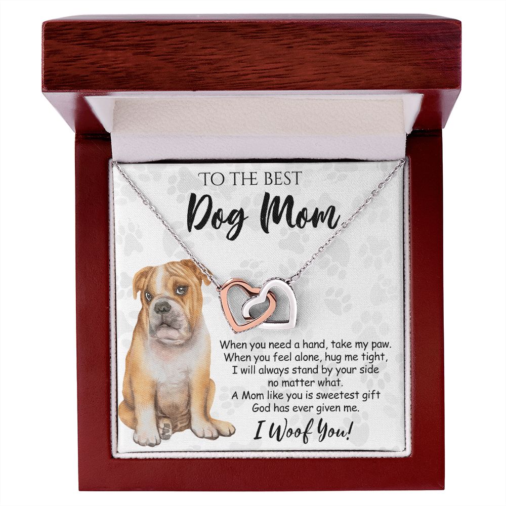 To The Best BullDog Mom Knot Necklace Mother's Day Gift , I Woof You Gift Card, Message Card Jewelry For Dog Lovers, Necklace For Mom Interlocking Hearts Necklace
