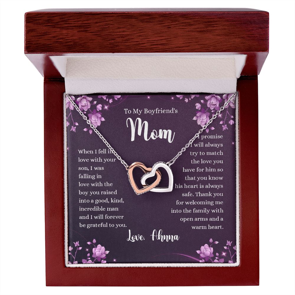 To My Boyfriends Mom Necklace with Message Card Jewelry Custom Card Necklace for Boyfriends Moms Birthday Gift For Boyfriend’s Mom, Mother’s Day Gift Jewelry for Boyfriends Mom Interlocking Hearts Necklace