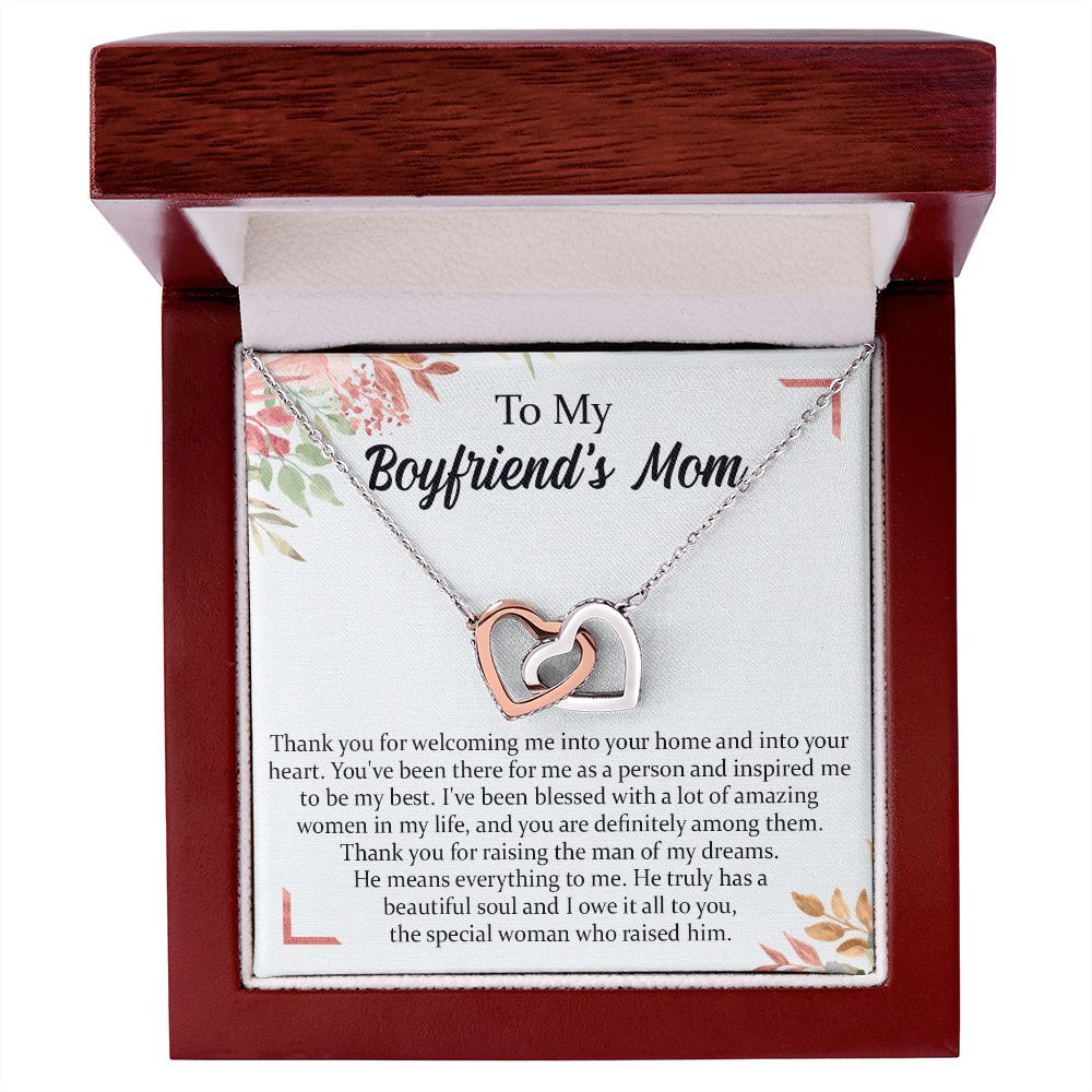 To My Boyfriend's Mom Necklace, Thank You for Raising Man Necklace, Gift to My Boyfriend's Mom for Mothers Day Birthday, Christmas, Going Away, Retirement Jewelry for Women Interlocking Hearts Necklace