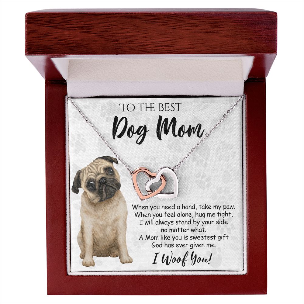 To The Best Pug Dog Mom Knot Necklace Mother's Day Gift , I Woof You Quote Gift Card, Message Card Jewelry For Dog Lovers, Necklace For Mom Interlocking Hearts Necklace