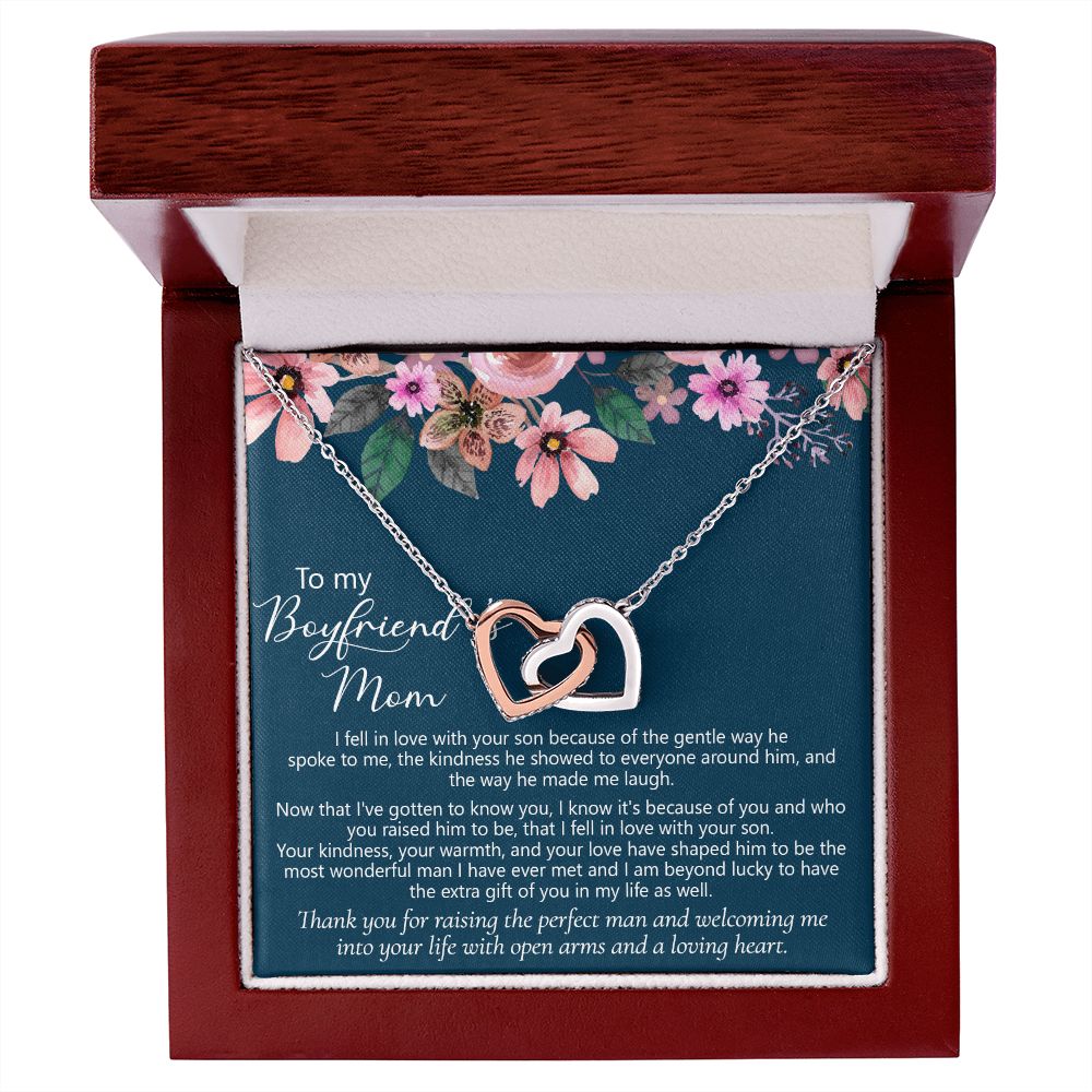 To My Boyfriend's Mom Gift Boyfriend Mother Solid Gold Necklace for Christmas Birthday Mother's Day, Message Card to Mother in Law Interlocking Hearts Necklace