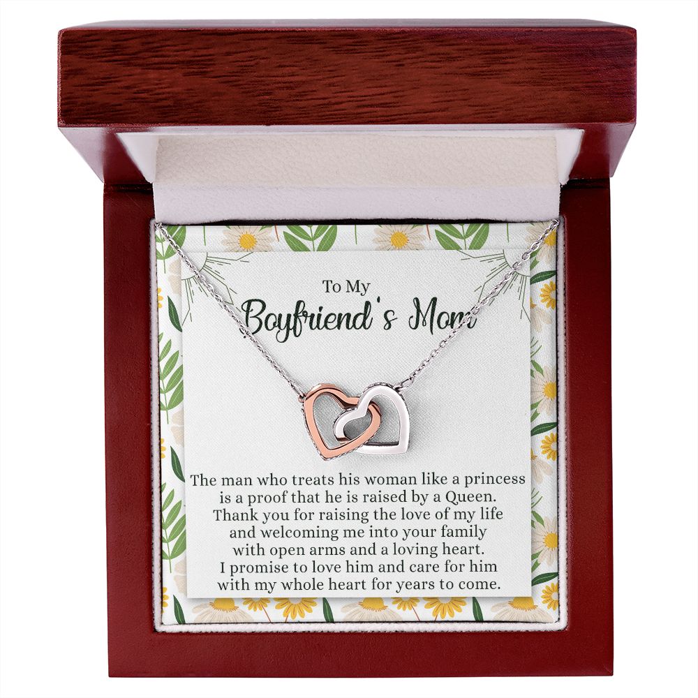 To My Boyfriend's Mom Necklace with Message Card Box, Boyfriends Mom Gift Necklace for Boyfriends Mom Mother Girlfriends to Boyfriend Mom Gift for Mom of Boyfriend Custom Message Card Interlocking Hearts Necklace