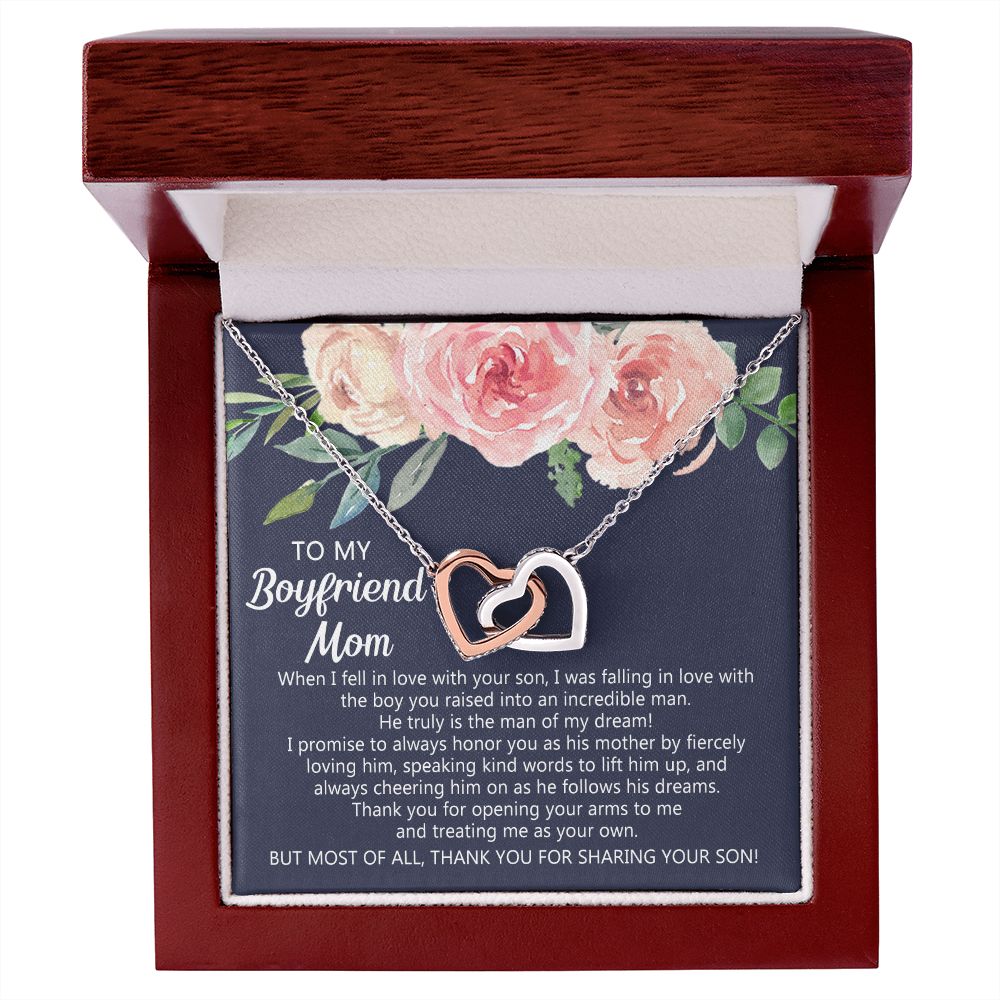Personalized Gift for Boyfriends Mom, Boyfriends Mom Gift, Message Card Jewelry, To My Boyfriend's Mom Necklace with Message Card, Birthday Mother's Day Necklace for Boyfriend Mother Interlocking Hearts Necklace