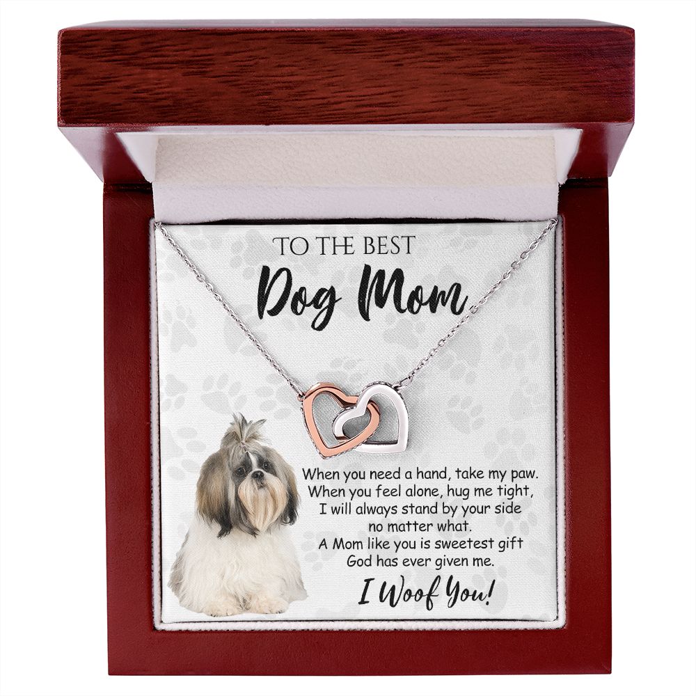 To The Best Shih Tzu Dog Mom Knot Necklace Mother's Day Gift , I Woof You Quote Gift Card, Message Card Jewelry For Dog Lovers, Necklace For Mom Interlocking Hearts Necklace