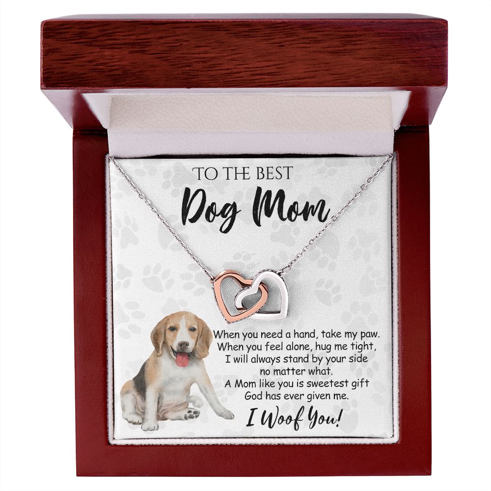 To The Best Beagle Dog Mom Knot Necklace Mother's Day Gift , I Woof You Quote Gift Card, Message Card Jewelry For Dog Lovers, Necklace For Mom Interlocking Hearts Necklace