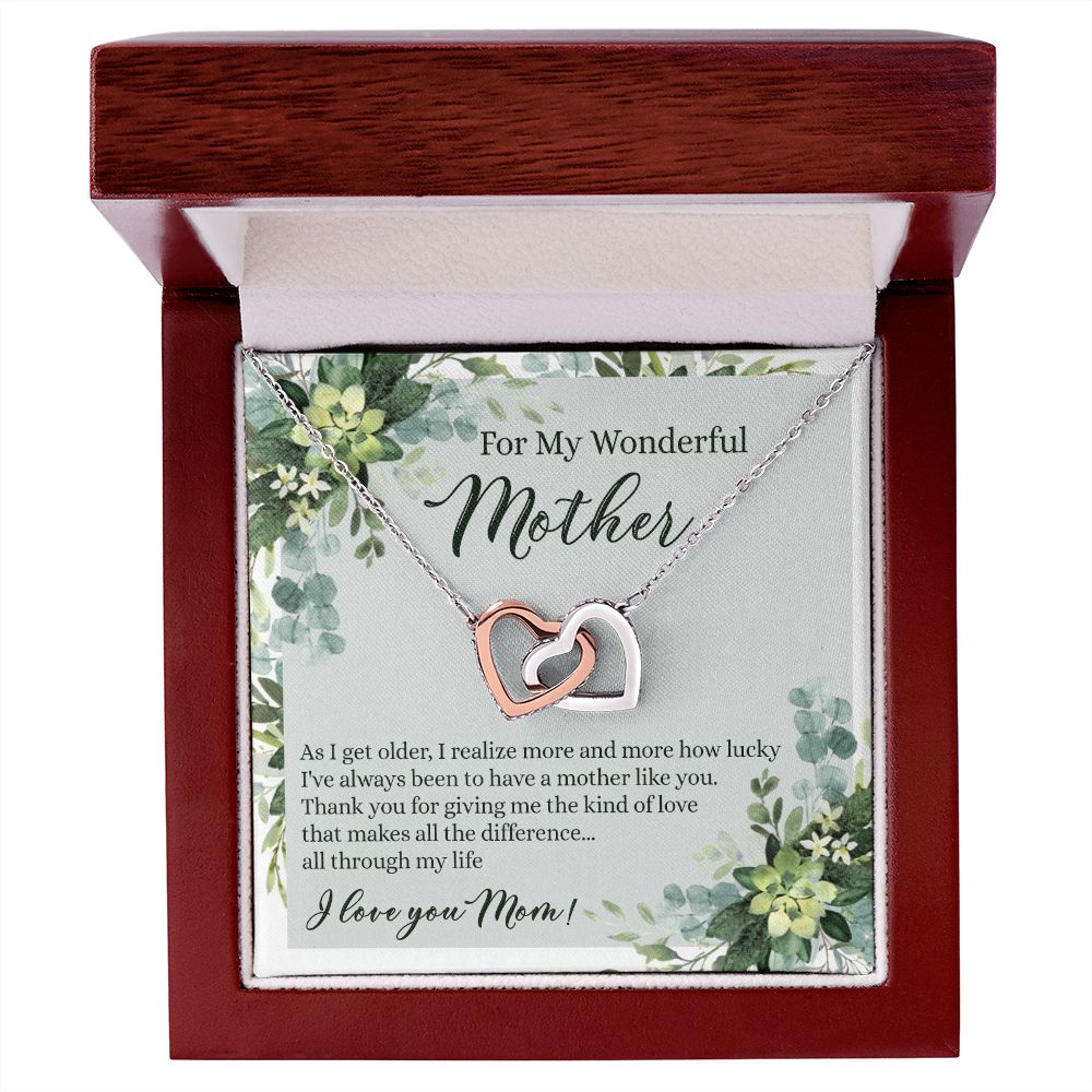 To My Wonderful Mother Necklace Message Card, Gift Box for Mom Birthday Gift From Daughter Mothers Day Necklace for Mom Gift From Daughter Mom Gifts For Mom Thank You Gift For Mom Interlocking Hearts Necklace
