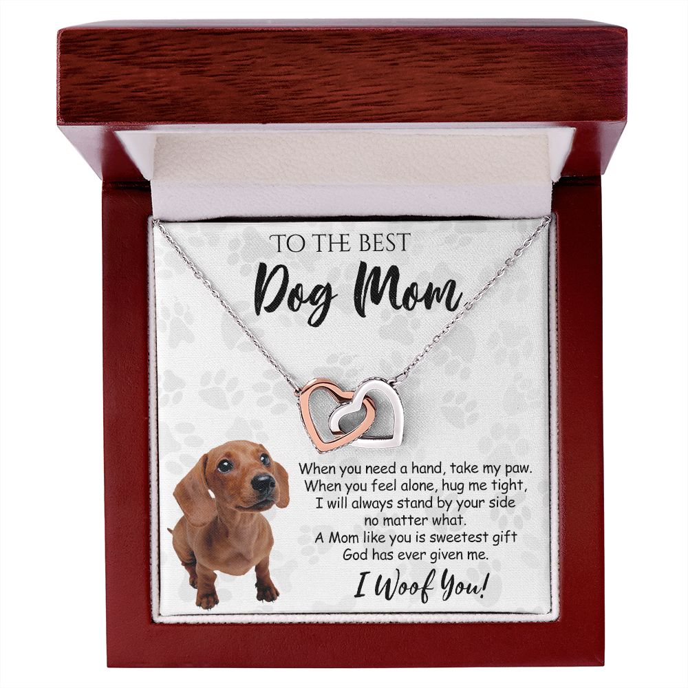 To The Best Dachshund Dog Mom Knot Necklace Mother's Day Gift , I Woof You Quote Gift Card, Message Card Jewelry For Dog Lovers, Necklace For Mom Interlocking Hearts Necklace
