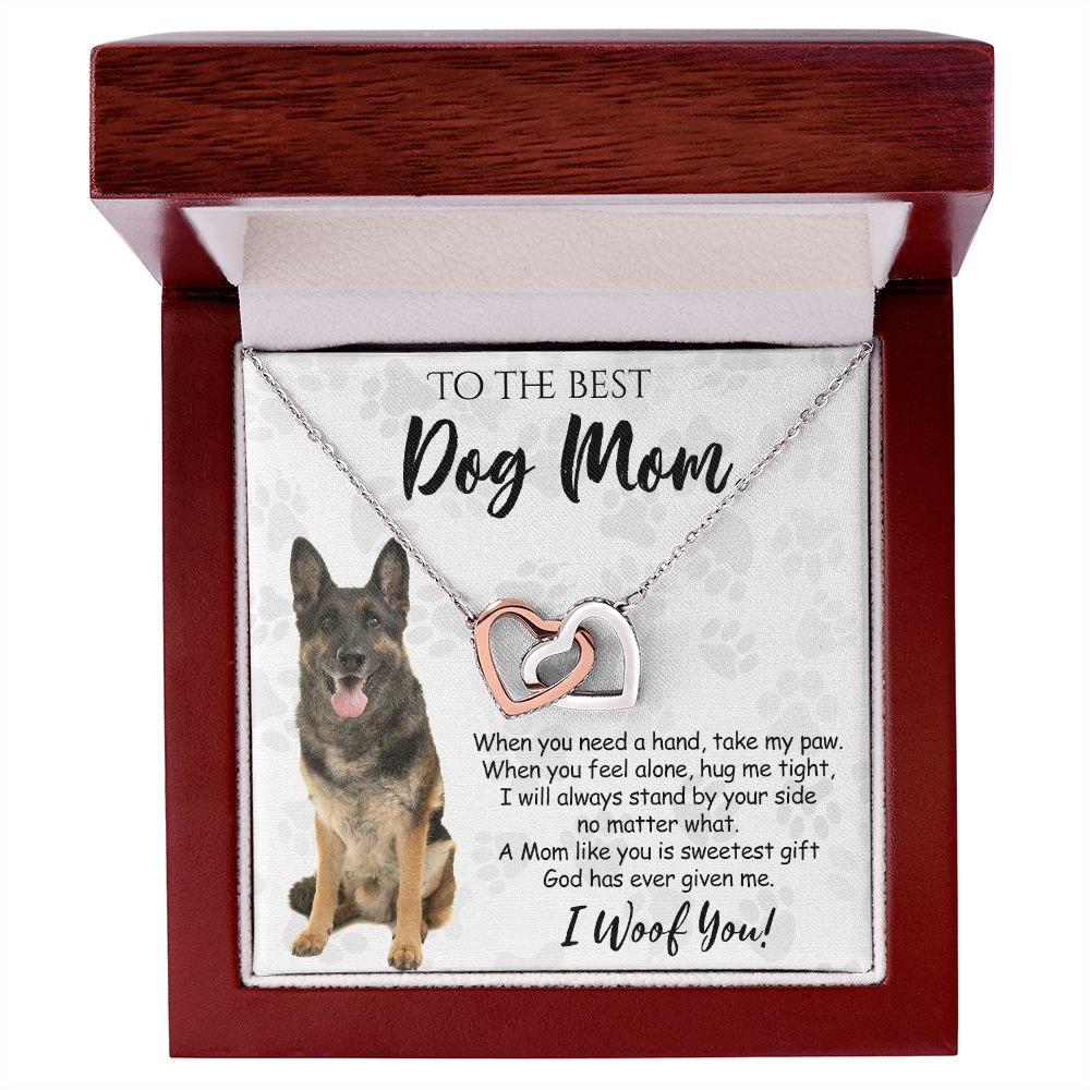 To The Best German Shepherd Dog Mom Knot Necklace Mother's Day Gift , I Woof You Quote Gift Card, Message Card Jewelry For Dog Lovers, Necklace For Mom Interlocking Hearts Necklace