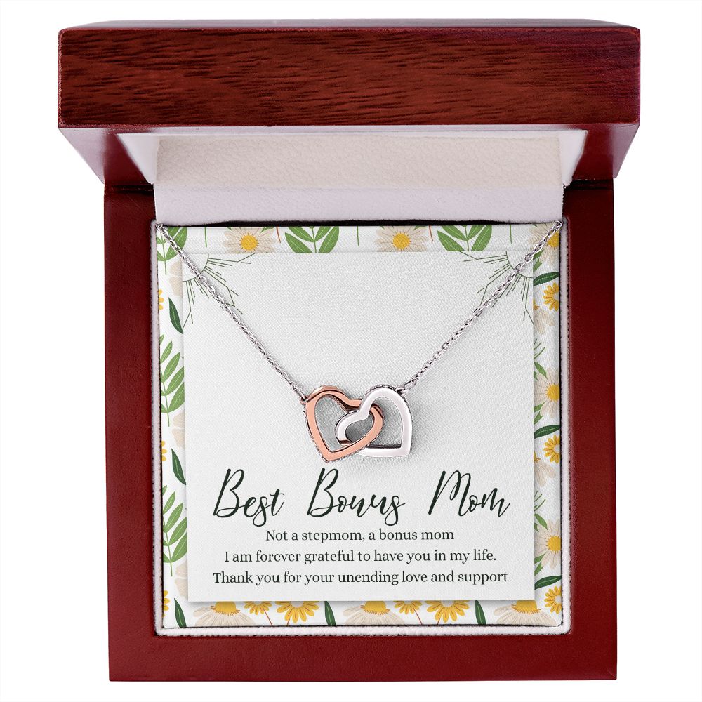 To My Best Bonus Mom Necklace Message Card, Jewelry for Bonus Mom Gift, Step Mom Wedding Gift for Stepmother Of The Bride Gift Thank You For Bonus Mom Necklace for Stepmom Wedding Gift Interlocking Hearts Necklace