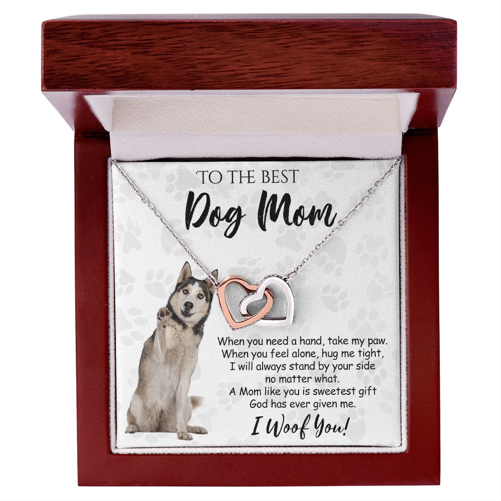 To The Best Husky Dog Mom Knot Necklace Mother's Day Gift , I Woof You Quote Gift Card, Message Card Jewelry For Dog Lovers, Necklace For Mom Interlocking Hearts Necklace
