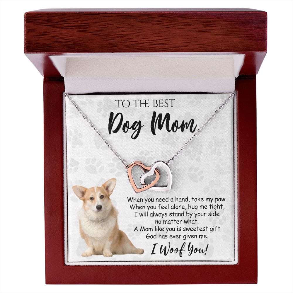 To The Best Corgi Dog Mom Knot Necklace Mother's Day Gift , I Woof You Quote Gift Card, Message Card Jewelry For Dog Lovers, Necklace For Mom Interlocking Hearts Necklace
