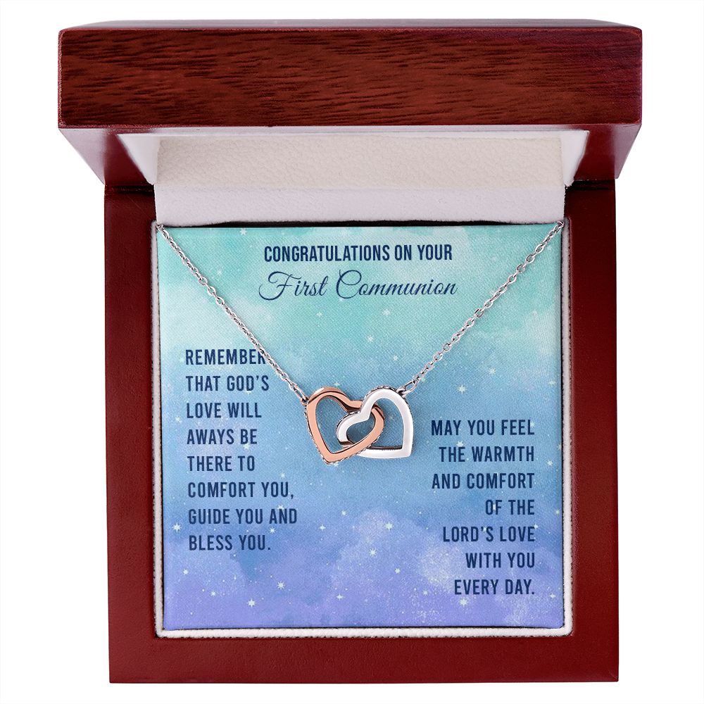 First Communion - Remember that God’s love will Interlocking Hearts Necklace