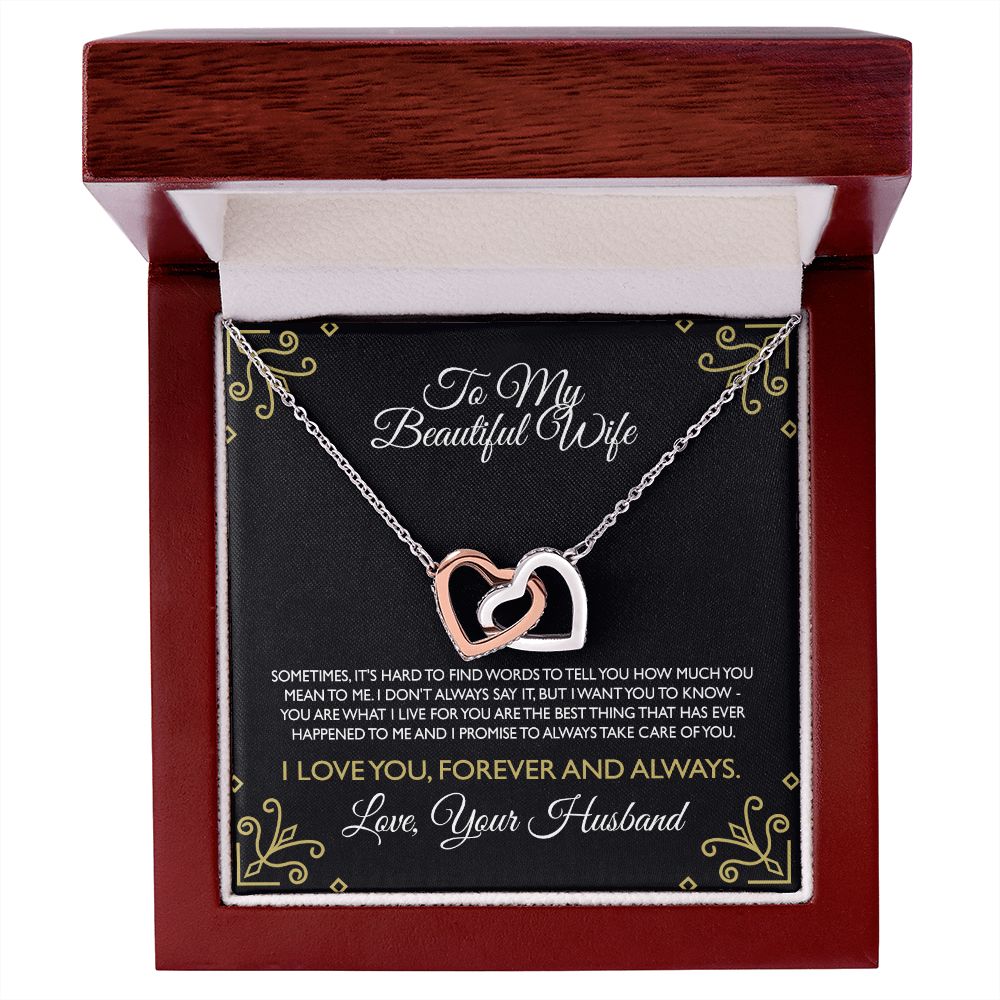 To My Beautiful Wife Necklace From Husband Interlocking Heart Necklace Pendant Jewelry with Message Card and Box Necklaces for Women Valentines Day Happy Anniversary Present for Birthday Merry Christmas for Wife