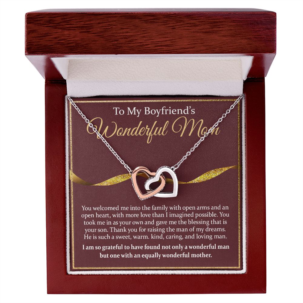 To My Boyfriend's Mom Necklace Mother in Law Jewelry Gift for Christmas Birthday Mother's Day Gift Jewelry Box and Message Card to Boyfriends Mother Gift from Girlfriend Interlocking Hearts Necklace