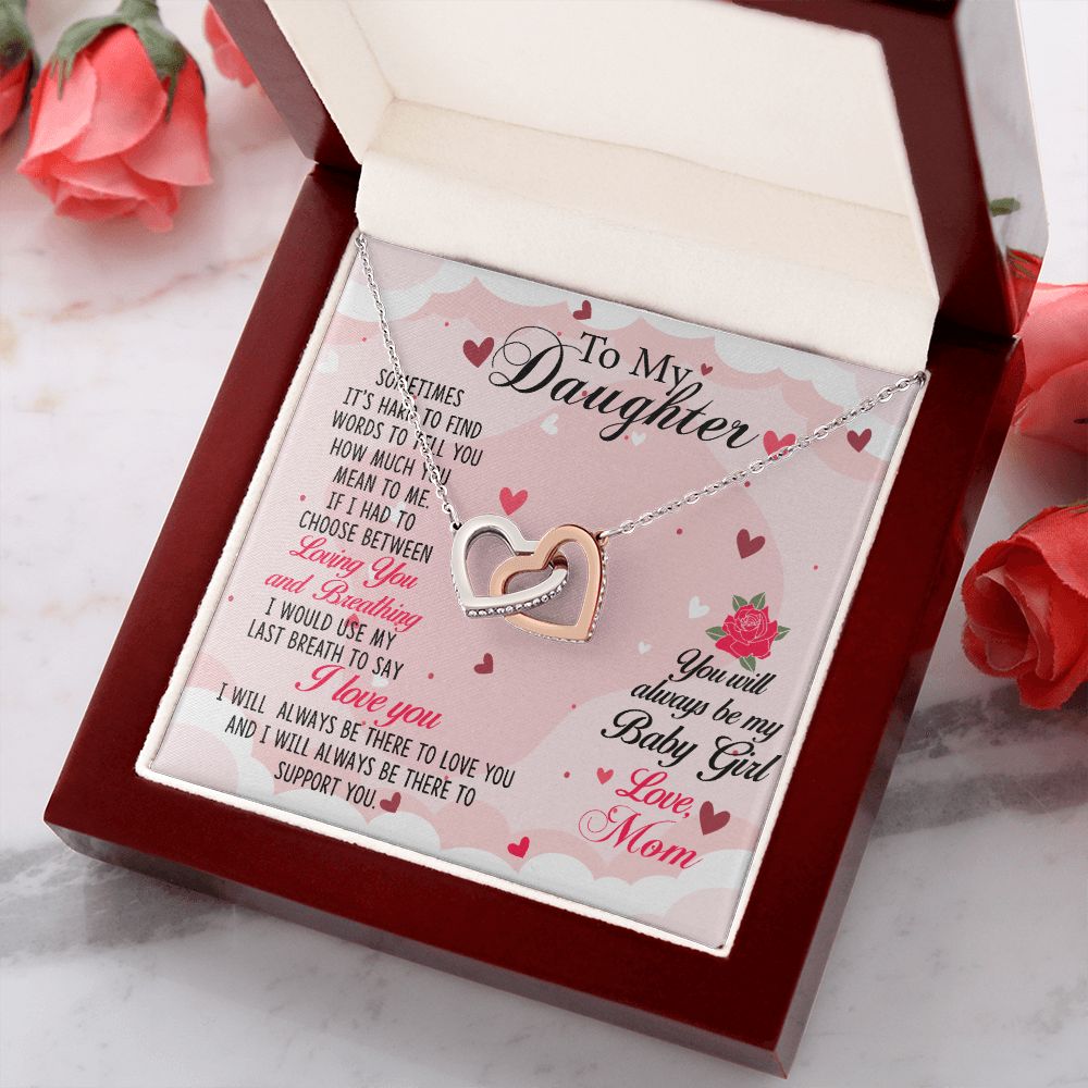 To my Daughter Necklace Pendant Gift From Mom Loving You And Breathing With Message Card Gift Box Gift For To Daughter, Daughter In Law On Birthday Anniversary Interlocking Hearts Necklace