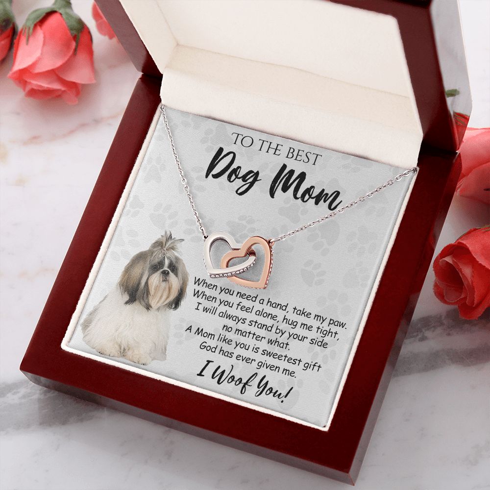 To The Best Shih Tzu Dog Mom Knot Necklace Mother's Day Gift , I Woof You Quote Gift Card, Message Card Jewelry For Dog Lovers, Necklace For Mom Interlocking Hearts Necklace