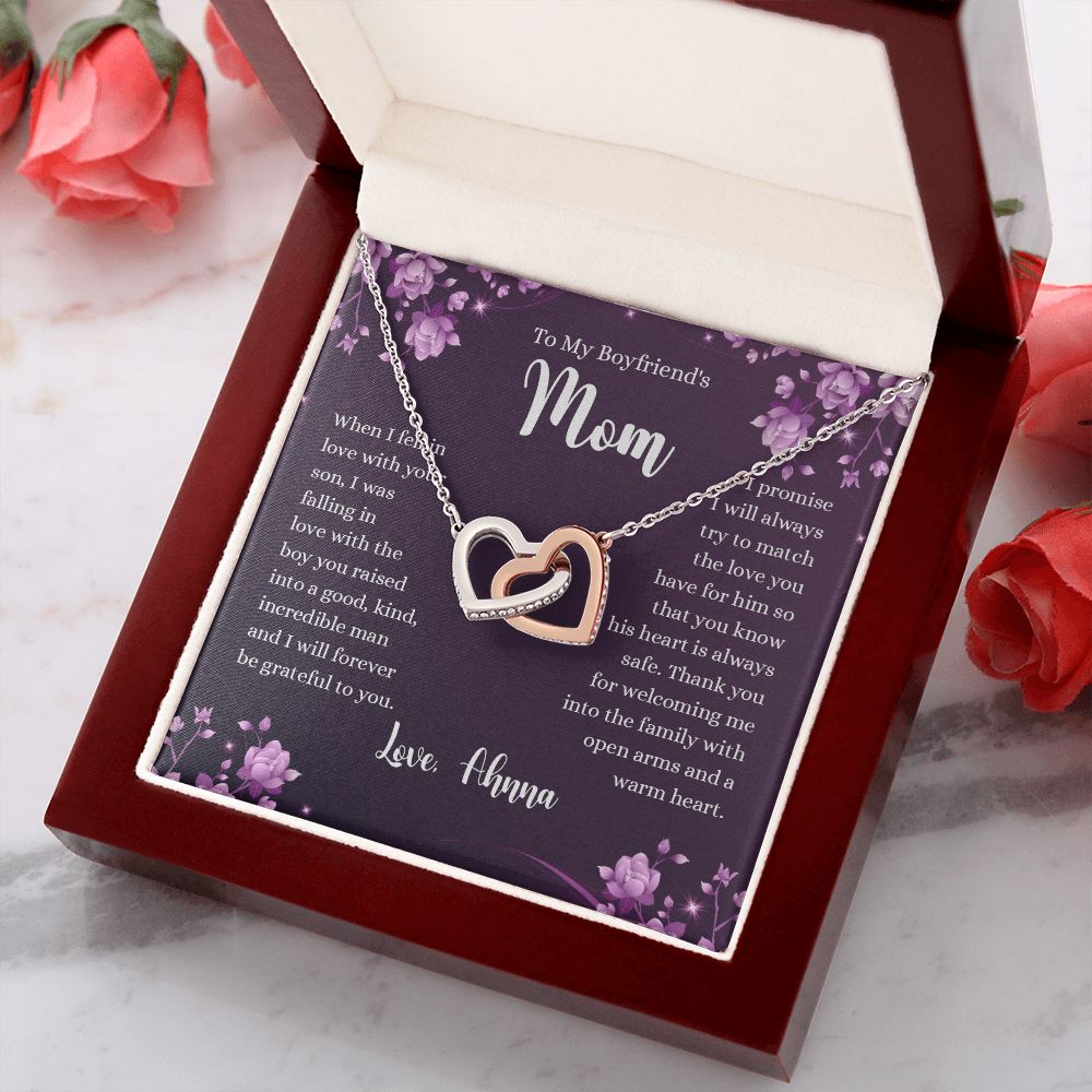To My Boyfriends Mom Necklace with Message Card Jewelry Custom Card Necklace for Boyfriends Moms Birthday Gift For Boyfriend’s Mom, Mother’s Day Gift Jewelry for Boyfriends Mom Interlocking Hearts Necklace