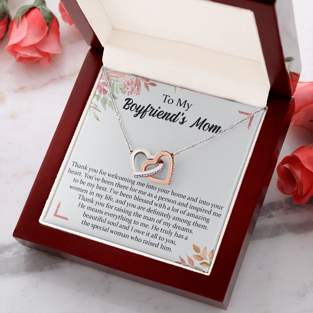 To My Boyfriend's Mom Necklace, Thank You for Raising Man Necklace, Gift to My Boyfriend's Mom for Mothers Day Birthday, Christmas, Going Away, Retirement Jewelry for Women Interlocking Hearts Necklace