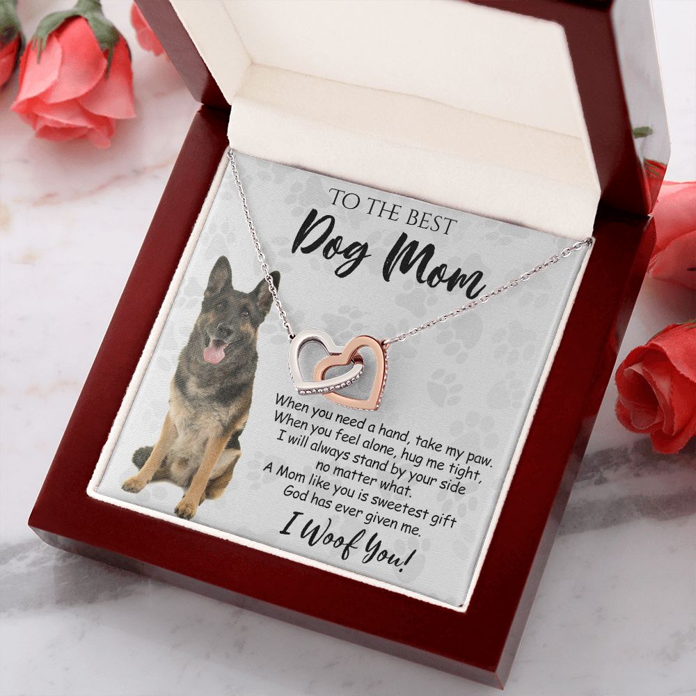 To The Best German Shepherd Dog Mom Knot Necklace Mother's Day Gift , I Woof You Quote Gift Card, Message Card Jewelry For Dog Lovers, Necklace For Mom Interlocking Hearts Necklace