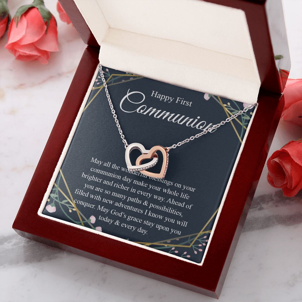 Interlocking Hearts Necklace, For First Communion Gift First Holy Communion Congrats Graduation Pendants Gift For Daughter, Granddaughter, Niece, Sister Interlocking Hearts Necklace