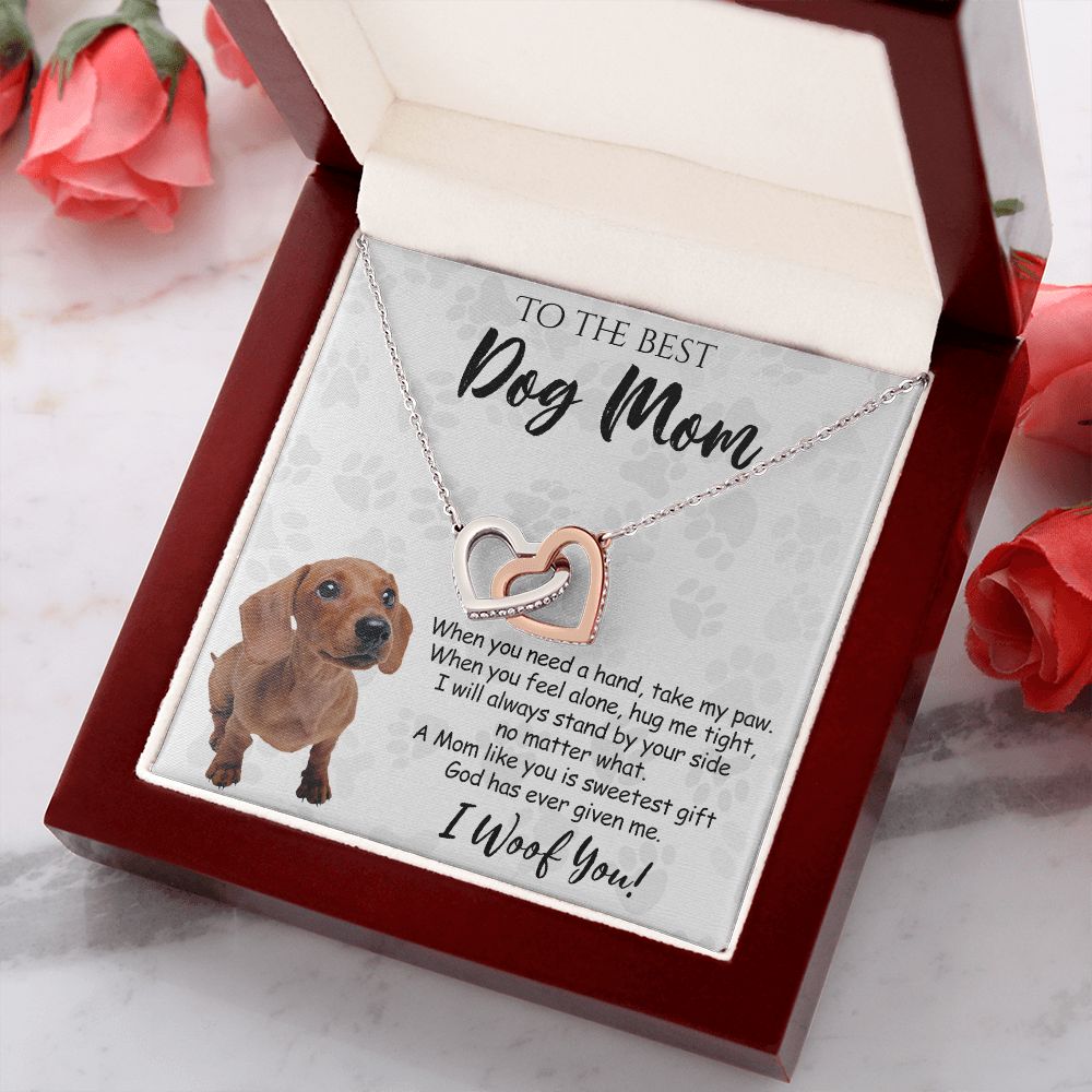 To The Best Dachshund Dog Mom Knot Necklace Mother's Day Gift , I Woof You Quote Gift Card, Message Card Jewelry For Dog Lovers, Necklace For Mom Interlocking Hearts Necklace