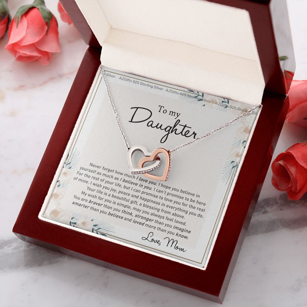 To my Beautiful Daughter Necklace With Thoughtful Card Box Gifts for Daughter from Mom Mother Daughter Gifts Jewelry for Daughter Present for Birthday Anniversary Christmas Interlocking Hearts Necklace