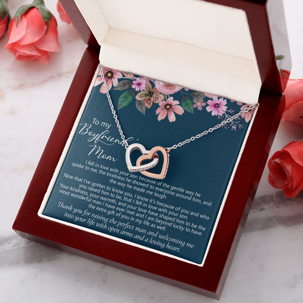 To My Boyfriend's Mom Gift Boyfriend Mother Solid Gold Necklace for Christmas Birthday Mother's Day, Message Card to Mother in Law Interlocking Hearts Necklace