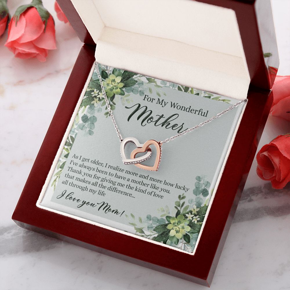 To My Wonderful Mother Necklace Message Card, Gift Box for Mom Birthday Gift From Daughter Mothers Day Necklace for Mom Gift From Daughter Mom Gifts For Mom Thank You Gift For Mom Interlocking Hearts Necklace
