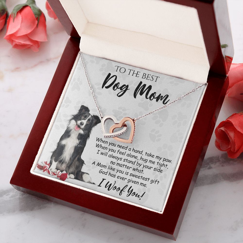 To The Best Border Collie Dog Mom Knot Necklace Mother's Day Gift , I Woof You Quote Gift Card, Message Card Jewelry For Dog Lovers, Necklace For Mom Interlocking Hearts Necklace