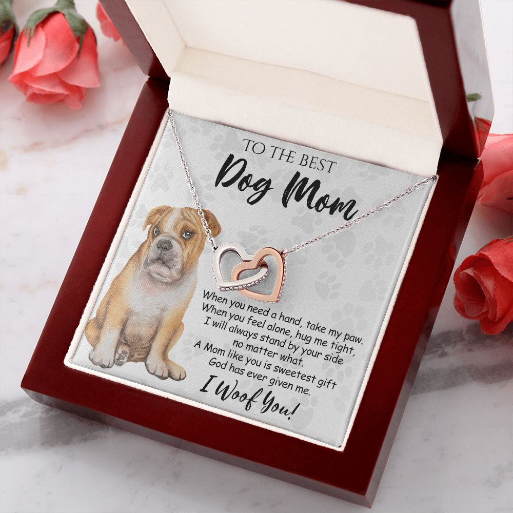 To The Best BullDog Mom Knot Necklace Mother's Day Gift , I Woof You Gift Card, Message Card Jewelry For Dog Lovers, Necklace For Mom Interlocking Hearts Necklace