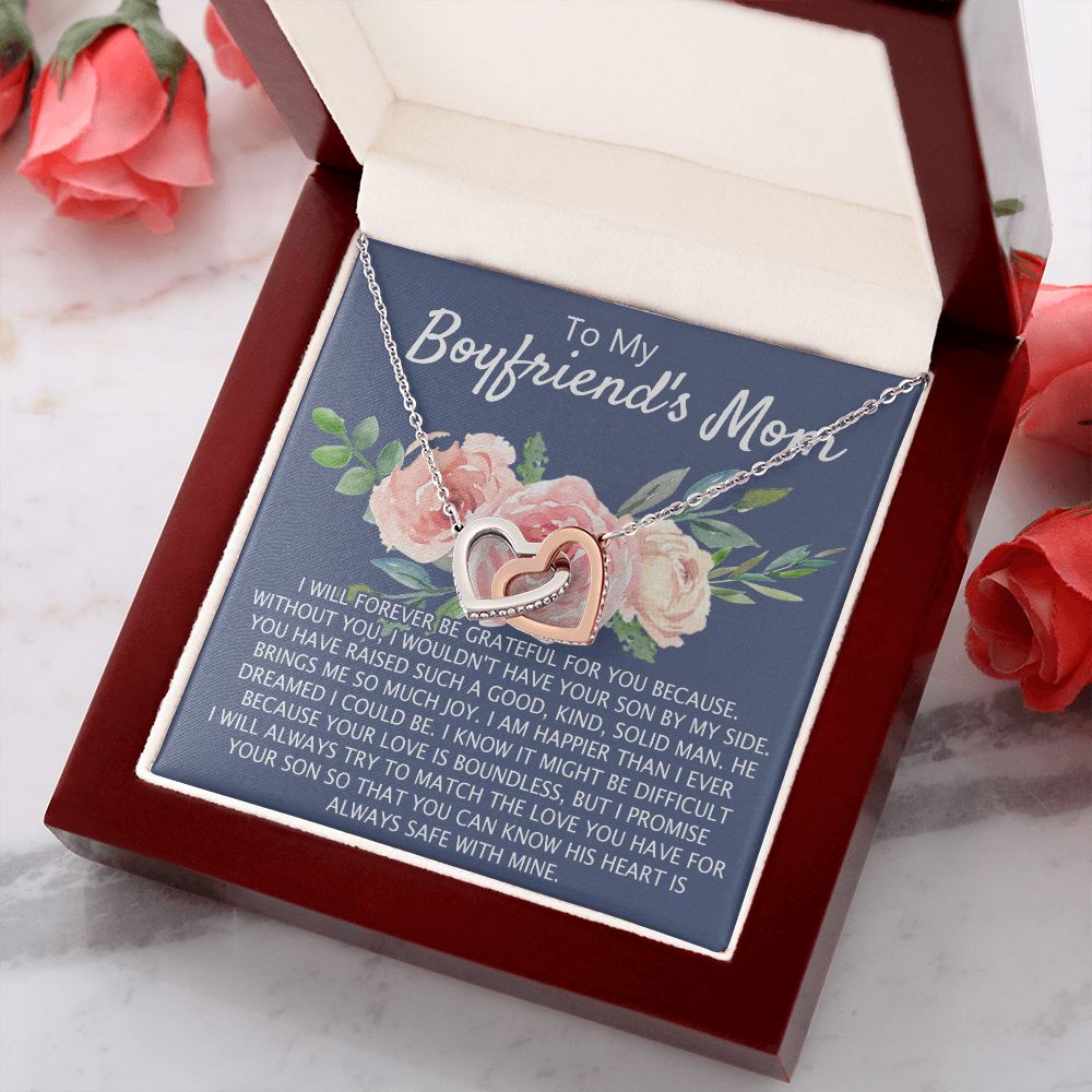 To My Boyfriend's Mom Necklace Pendant Jewelry Gift for Boyfriend's Mom on Mothers Day Birthday Present Jewelry Gift Box for Boyfriend's Mom Gift Personalized Custom Necklace for Women Interlocking Hearts Necklace