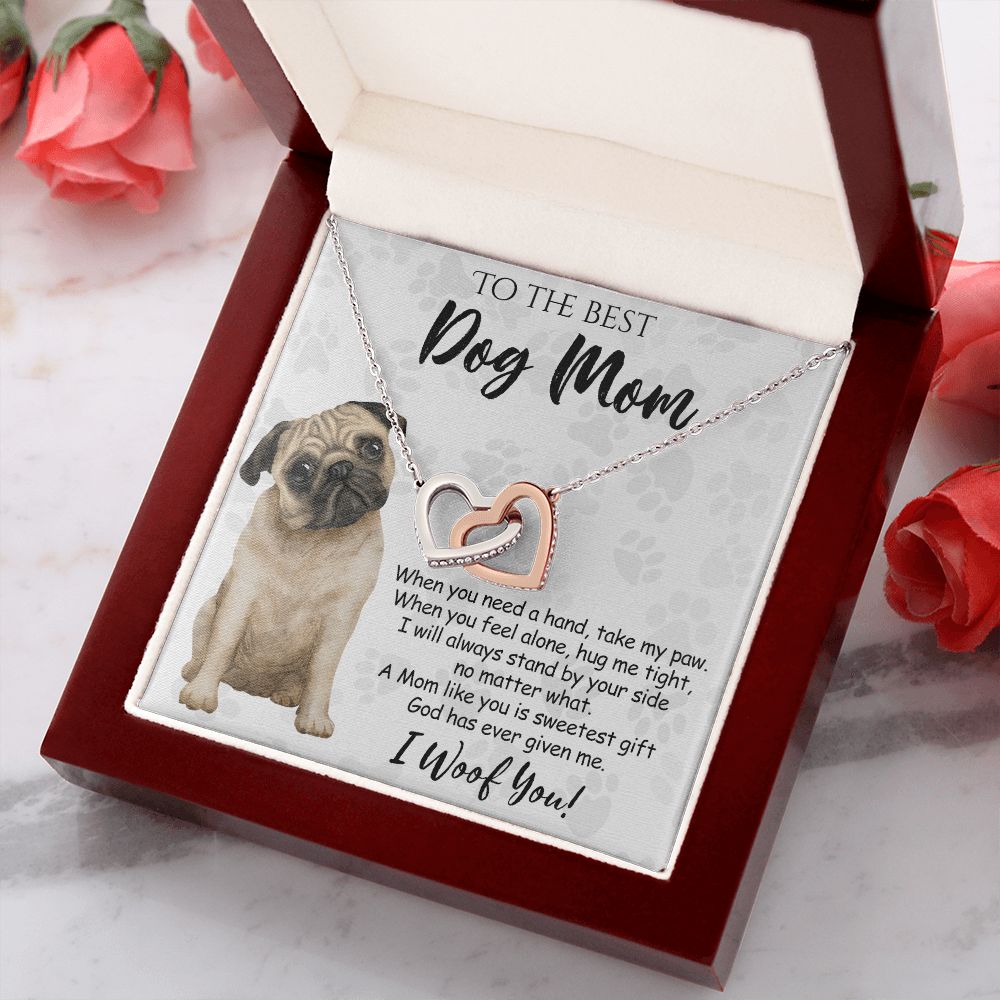 To The Best Pug Dog Mom Knot Necklace Mother's Day Gift , I Woof You Quote Gift Card, Message Card Jewelry For Dog Lovers, Necklace For Mom Interlocking Hearts Necklace