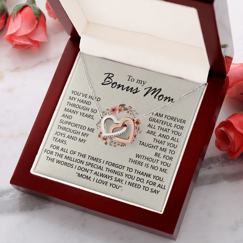 Bonus Mom Jewelry Gift for Stepmom, Foster Mom - Featuring Necklace With Meaningful Message Card & Gift Box for Birthday, Mother's Day Necklace for Bonus Mom Interlocking Hearts Necklace