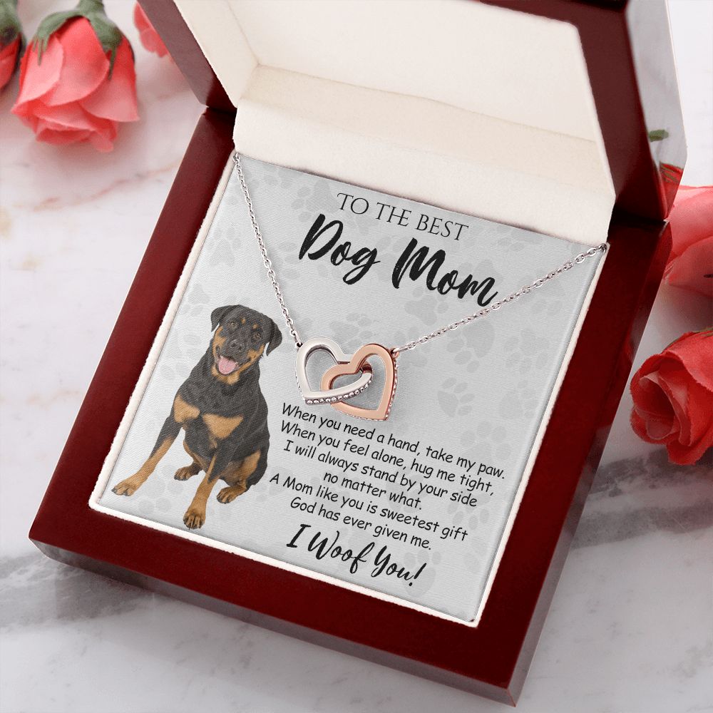 To The Best Rottweiler Dog Mom Knot Necklace Mother's Day Gift , I Woof You Quote Gift Card, Message Card Jewelry For Dog Lovers, Necklace For Mom Interlocking Hearts Necklace
