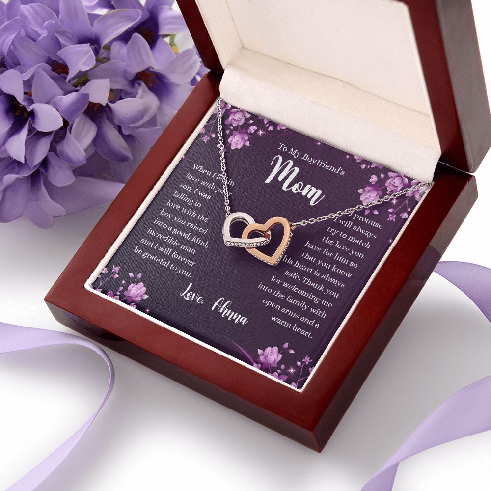 To My Boyfriends Mom Necklace with Message Card Jewelry Custom Card Necklace for Boyfriends Moms Birthday Gift For Boyfriend’s Mom, Mother’s Day Gift Jewelry for Boyfriends Mom Interlocking Hearts Necklace
