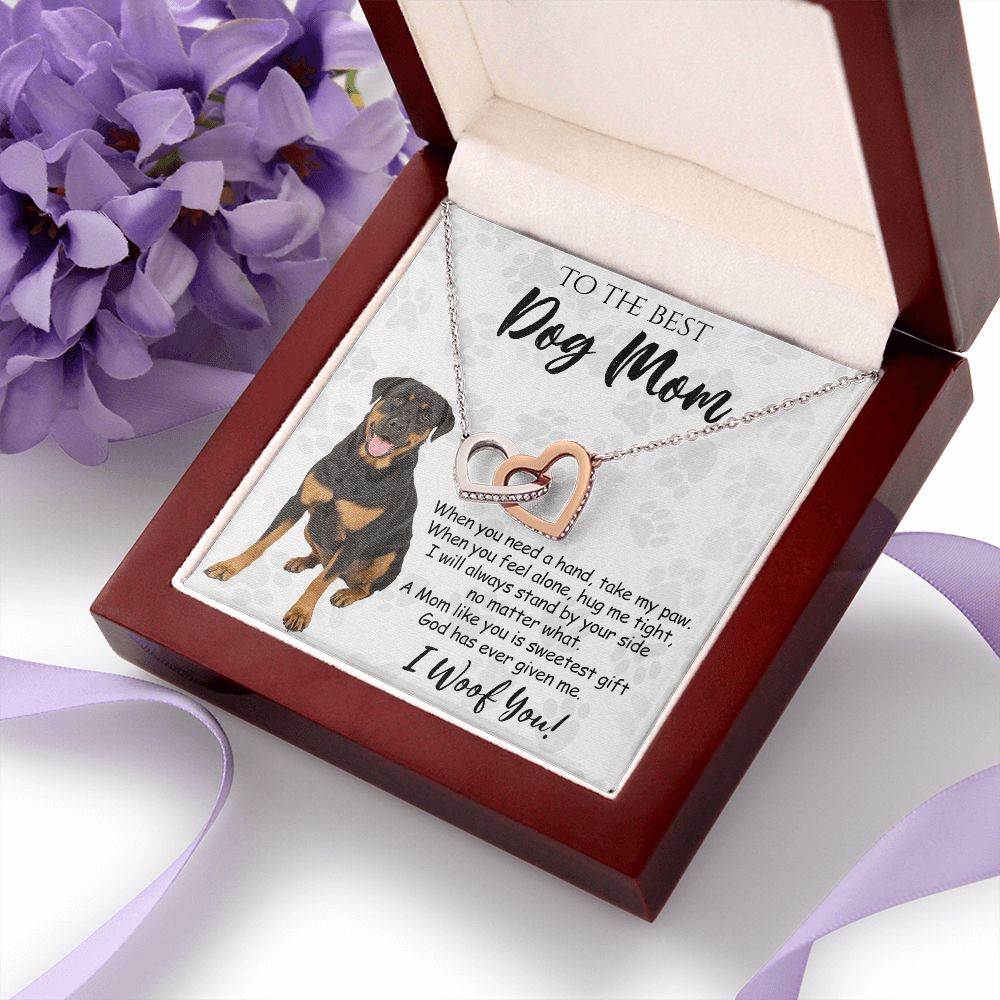 To The Best Rottweiler Dog Mom Knot Necklace Mother's Day Gift , I Woof You Quote Gift Card, Message Card Jewelry For Dog Lovers, Necklace For Mom Interlocking Hearts Necklace