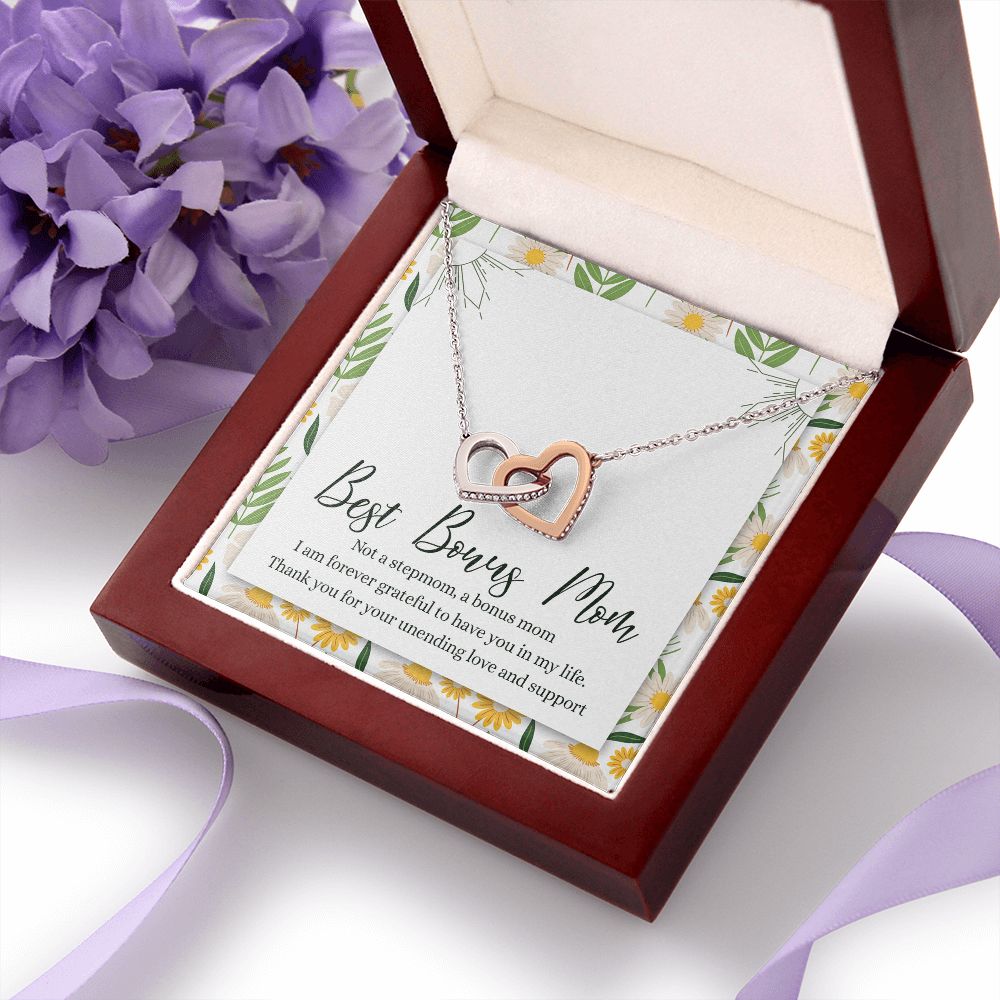 To My Best Bonus Mom Necklace Message Card, Jewelry for Bonus Mom Gift, Step Mom Wedding Gift for Stepmother Of The Bride Gift Thank You For Bonus Mom Necklace for Stepmom Wedding Gift Interlocking Hearts Necklace