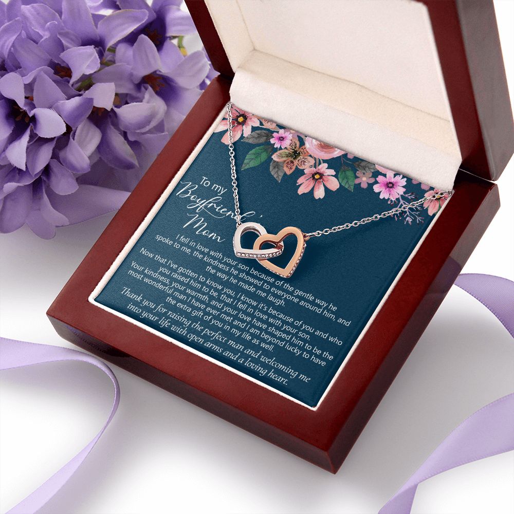 To My Boyfriend's Mom Gift Boyfriend Mother Solid Gold Necklace for Christmas Birthday Mother's Day, Message Card to Mother in Law Interlocking Hearts Necklace