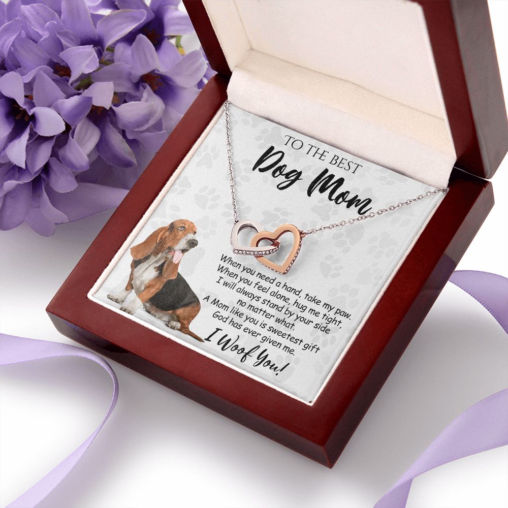 To The Best Basset Hound Dog Mom Knot Necklace Mother's Day Gift , I Woof You Quote Gift Card, Message Card Jewelry For Dog Lovers, Necklace For Mom Interlocking Hearts Necklace